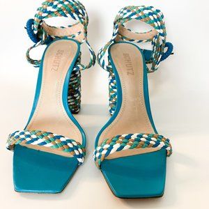 SCHUTZ blue braided block heel square toe sandal ankle wrap 38